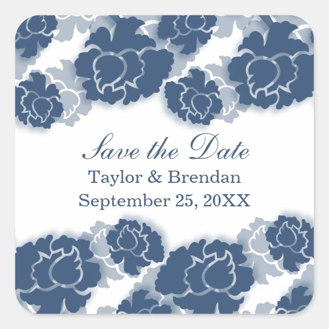 Floral Decadence Save the Date Stickers, Blue Square Sticker (Front)