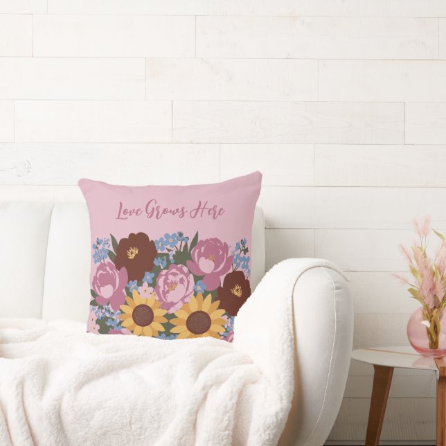 Floral Decor Love Grows Here - Peonies sunflowers Throw Pillow (Couch)
