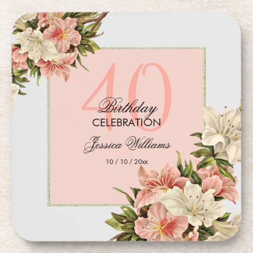 Floral Decorations Feminine Birthday Beverage Coaster