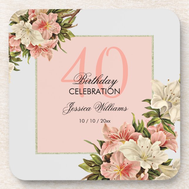 Floral Decorations Feminine Birthday Beverage Coaster (Front)
