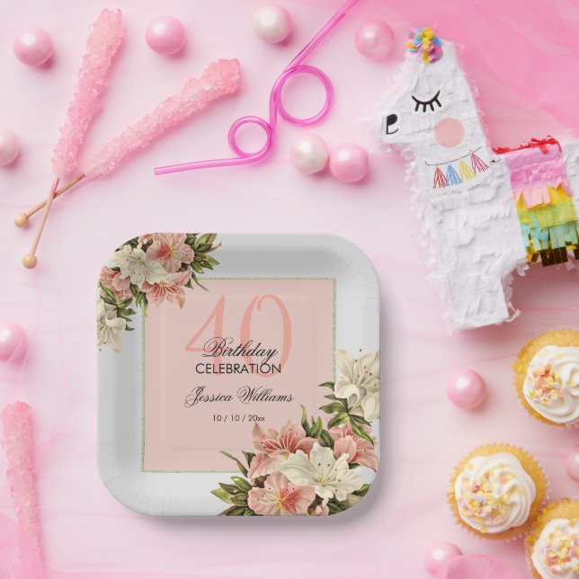 Floral Decorations Feminine Birthday Paper Plates (Party)