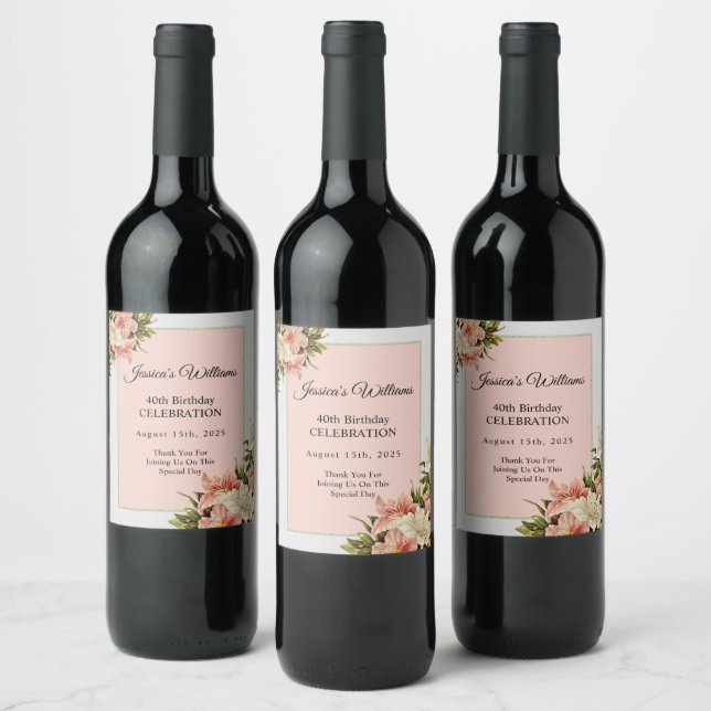 Floral Decorations Feminine Birthday Wine Label (Bottles)