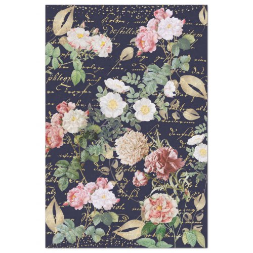 Floral Decoupage Pink Flower Roses Navy Blue Gold  Tissue Paper