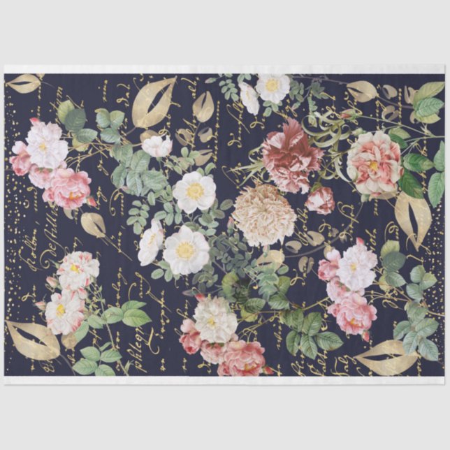 Floral Decoupage Pink Flower Roses Navy Blue Gold  Tissue Paper (Front)