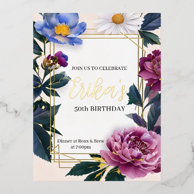 Floral Deep Color Birthday Gold Foil Invite (Front)
