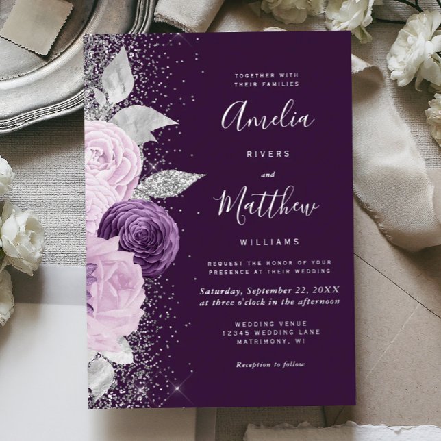Floral Deep Purple Silver Glitter Wedding Foil Invitation (Creator Uploaded)