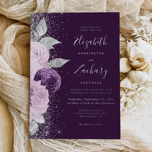 Floral Deep Purple Silver Glitter Wedding Foil Invitation (Creator Uploaded)