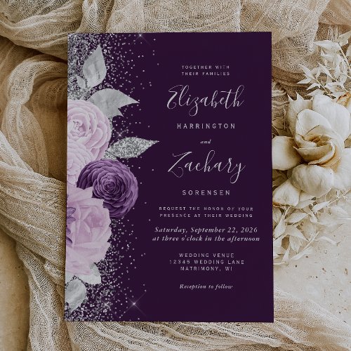 Floral Deep Purple Silver Glitter Wedding Invitation