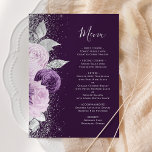 Floral Deep Purple Silver Glitter Wedding Menu<br><div class="desc">This elegant modern wedding menu features a purple and lavender floral design trimmed with faux silver glitter. The customizable text combines handwriting script and copperplate font in silver gray on a deep purple background. The reverse side repeats the floral design.</div>