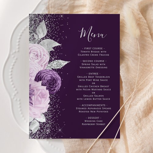 Floral Deep Purple Silver Glitter Wedding Menu