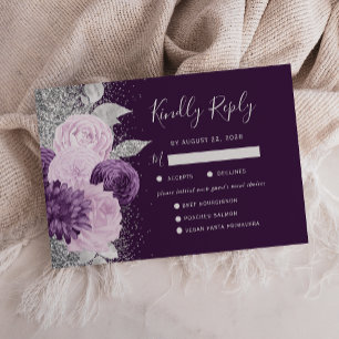 Floral Deep Purple Silver Meal Choice Wedding RSVP Card