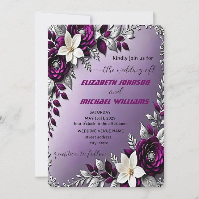 Floral Deep Purple Silver Wedding Invitation (Front)