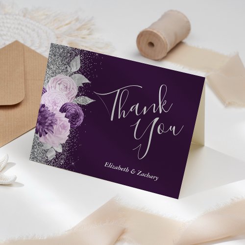Floral Deep Purple Silver Wedding Thank You Card