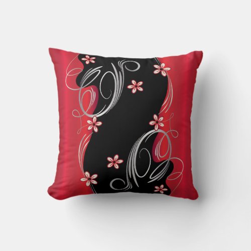 Floral Deep Red and Black Swirl Design Throw Pillow