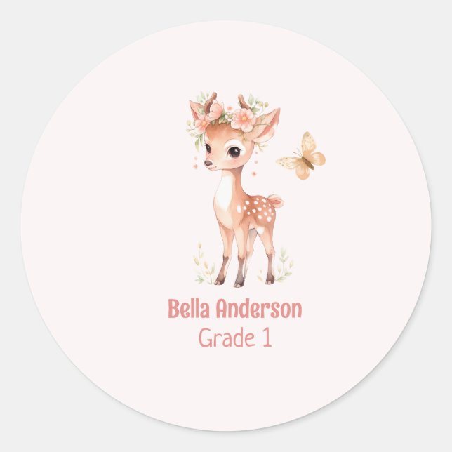 Floral Deer And Butterfly Girl Classic Round Sticker (Front)