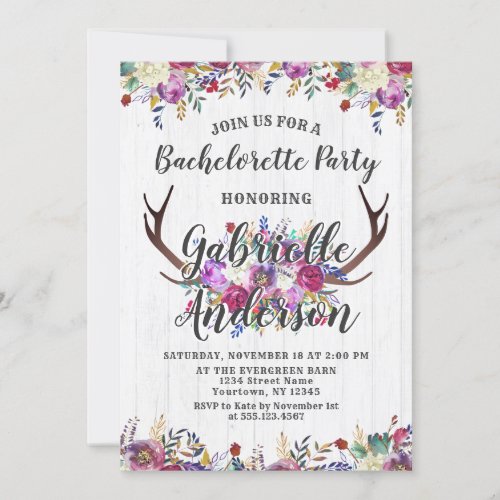 Floral Deer Antler Bachelorette Party Invitation