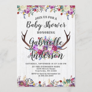 Floral Deer Antler Bouquet Baby Shower Invitation