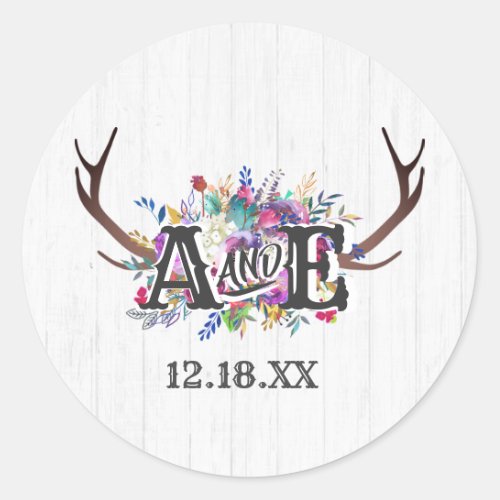 Floral Deer Antler Bouquet Rustic Monogram Wedding Classic Round Sticker