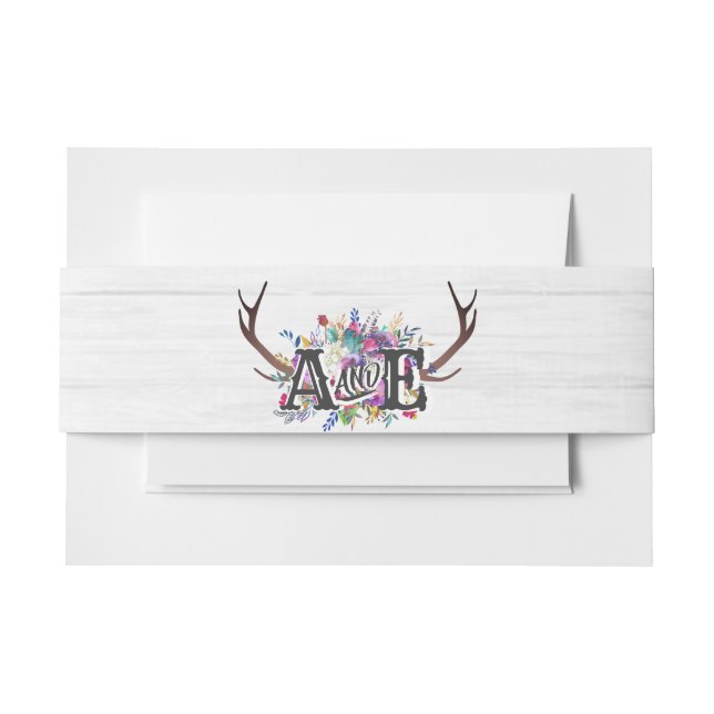 Floral Deer Antler Bouquet Rustic Wedding Monogram Invitation Belly Band (Front Example)