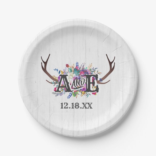 Floral Deer Antler Bouquet Rustic Wedding Monogram Paper Plates (Front)