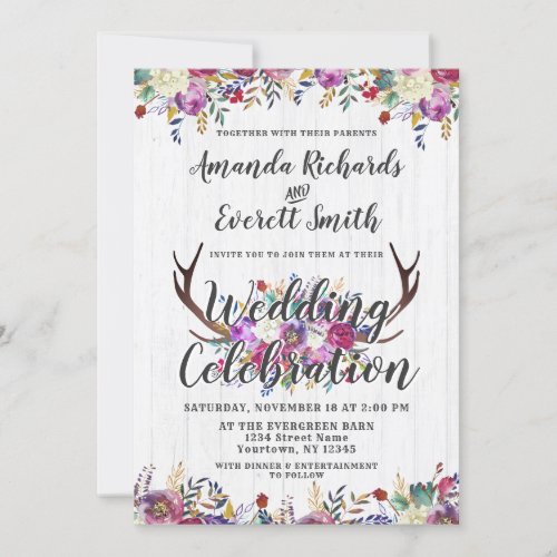 Floral Deer Antler Bouquet Wedding Invitation