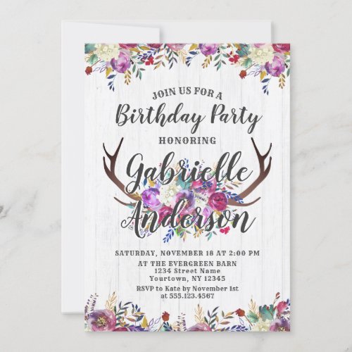 Floral Deer Antler Chic Birthday Party Invitation