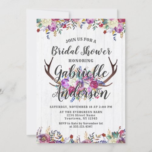 Floral Deer Antler Rustic Bridal Shower Invitation