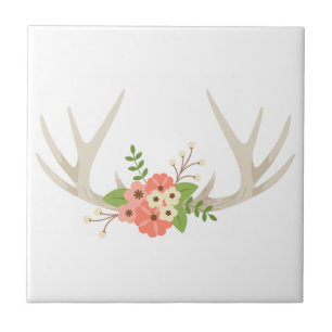 Floral Deer Antlers Ceramic Tile