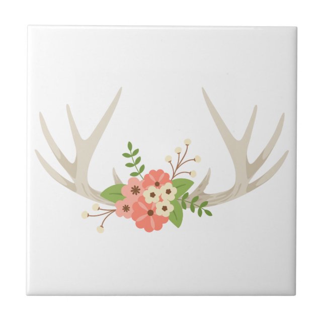 Floral Deer Antlers Ceramic Tile (Front)