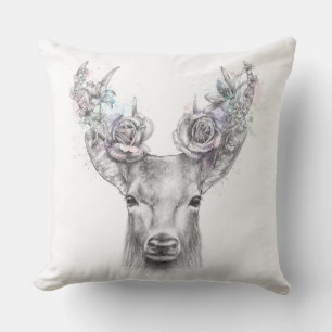 Floral deer antlers pink watercolor illustration throw pillow