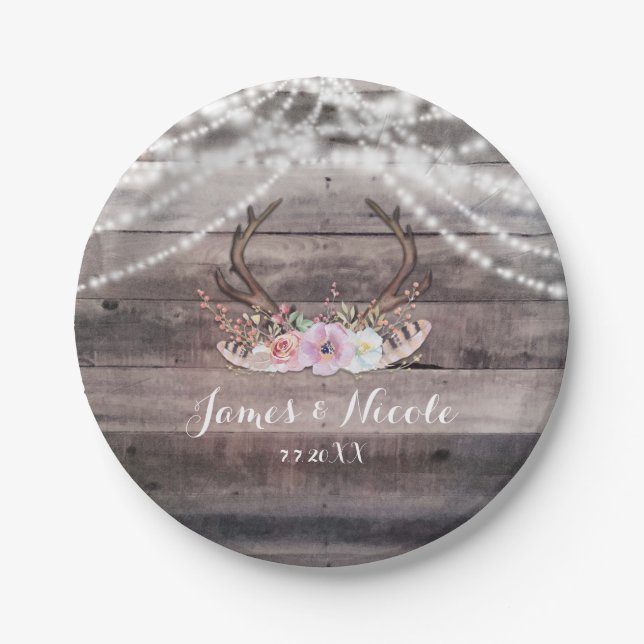 Floral Deer Antlers & String Lights Rustic Party Paper Plates (Front)