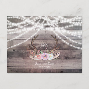 Floral Deer Antlers & String Lights Save the Date Announcement Postcard