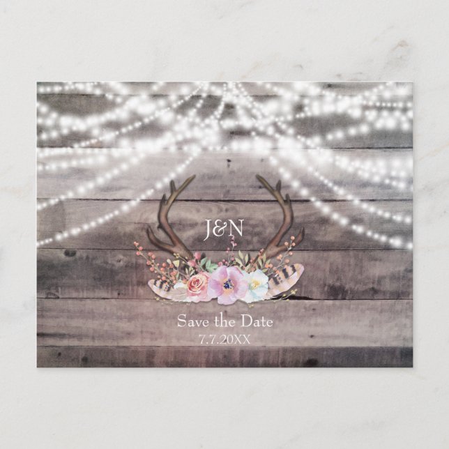 Floral Deer Antlers & String Lights Save the Date Announcement Postcard (Front)