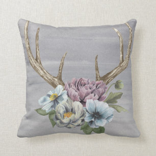 Floral Deer Antlers Throw Pillow
