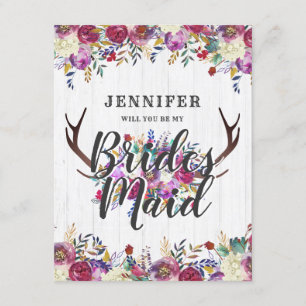 Floral Deer Antlers Will You Be My Bridesmaid Invitation