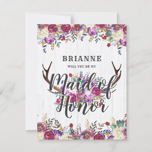 Floral Deer Antlers Will You Be My Maid of Honor Invitation