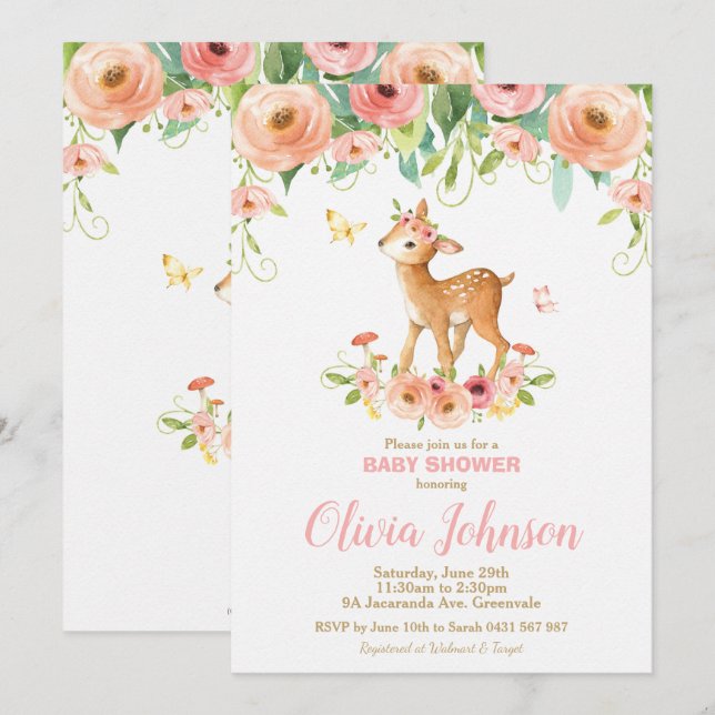 Floral Deer Baby Shower Woodland Animals Baby Girl Invitation (Front/Back)
