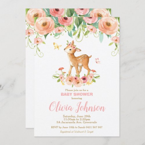 Floral Deer Baby Shower Woodland Animals Baby Girl Invitation