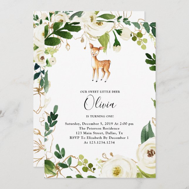 Floral Deer Birthday Party Invitation (Front/Back)