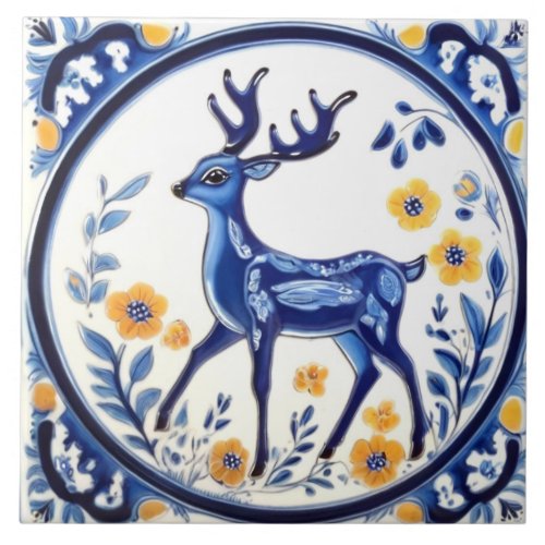 Floral Deer Blue  White Woodland Folk Animal Art Ceramic Tile