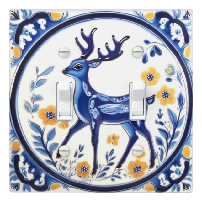 Floral Deer Blue & White Woodland Folk Animal Art Light Switch Cover (In Situ)