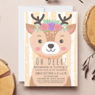 Floral Deer Cute Deer Kids Birthday Invitation