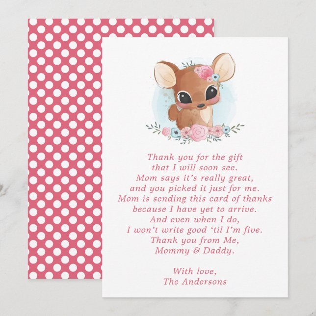 Floral Deer Cute Doe Baby Shower Thank You Card (Front/Back)