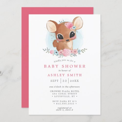 Floral Deer Cute Woodland Doe Girl Baby Shower Invitation