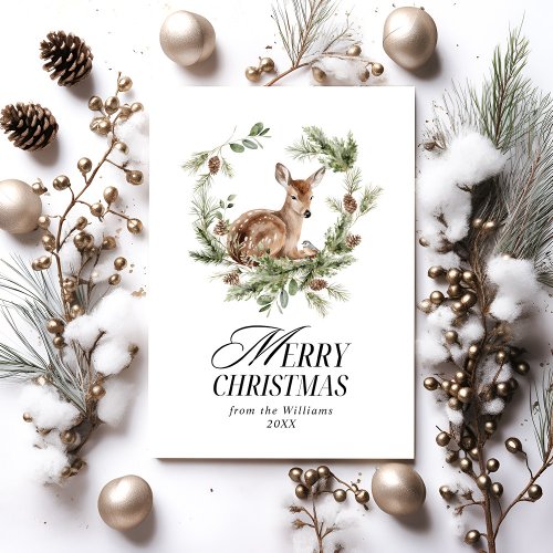Floral Deer Elegant Modern Merry Christmas Holiday Card