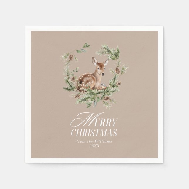 Floral Deer Elegant Modern Merry Christmas Napkins (Front)