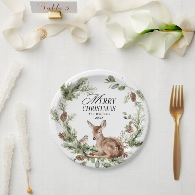 Floral Deer Elegant Modern Merry Christmas Paper Plates (Wedding)