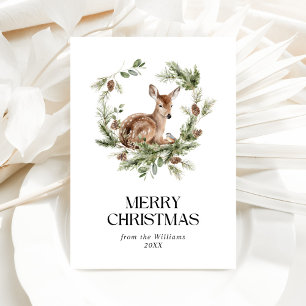 Floral Deer Elegant Watercolor Merry Christmas Holiday Card