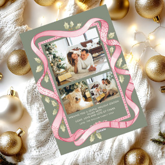 Floral Deer Monogram Crest Sage Green Happy Holiday Card