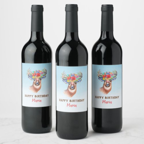 Floral Deer Wine Label